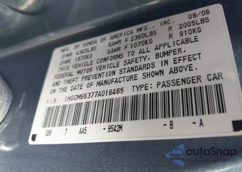 2007 Honda Accord 3.0 Lx z USA, uszkodzony, nr VIN 1HGCM66377A016465